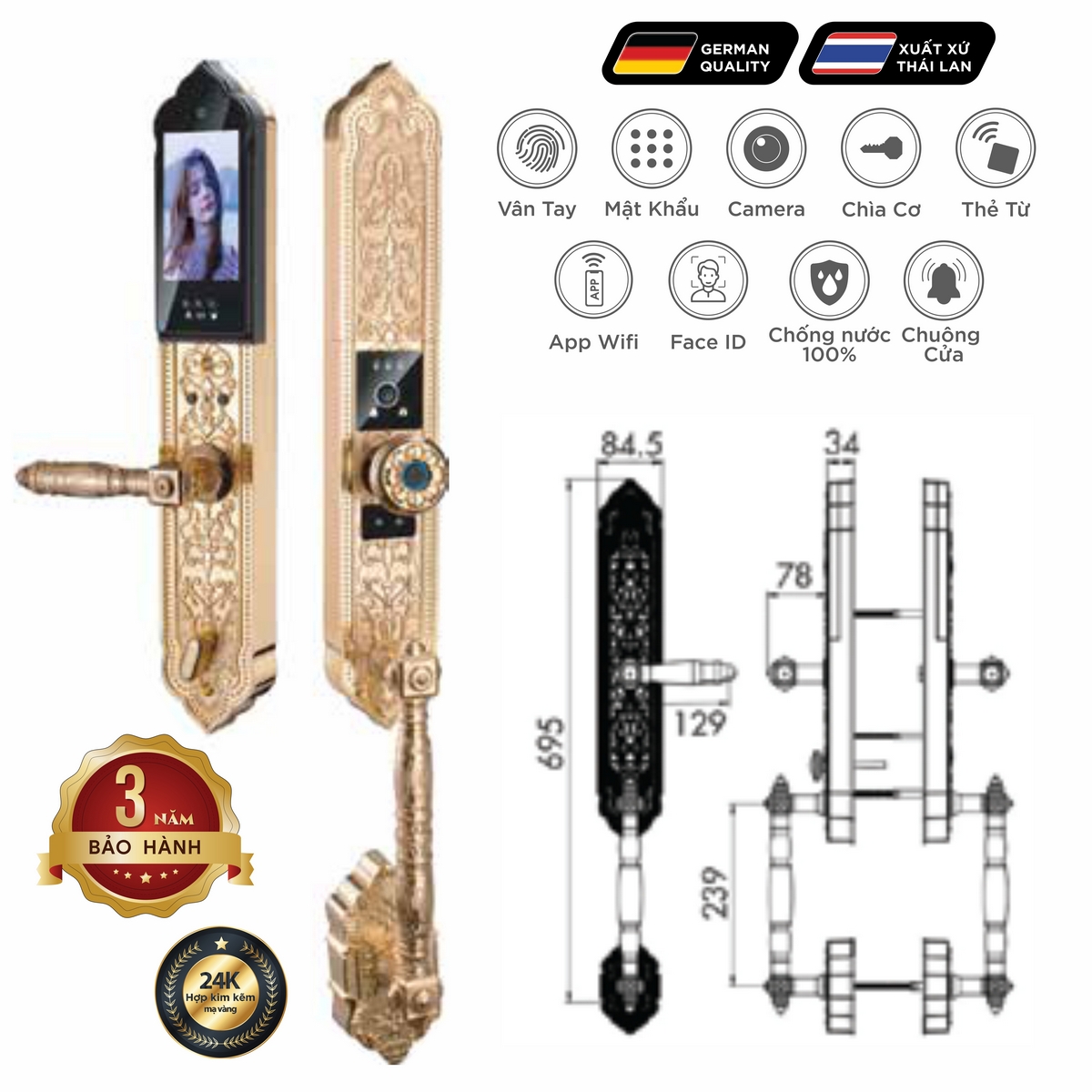 Khoá điện tử Luxury – Mã SP: HB DS79F GOLD – BH 3 năm