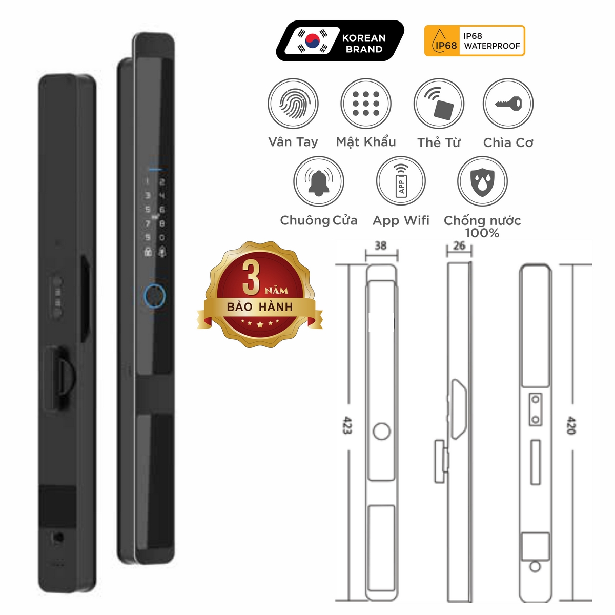 Khoá điện tử Classic – Hyundai – Mã SP: HY-SLS005 BLACK – BH 3 năm