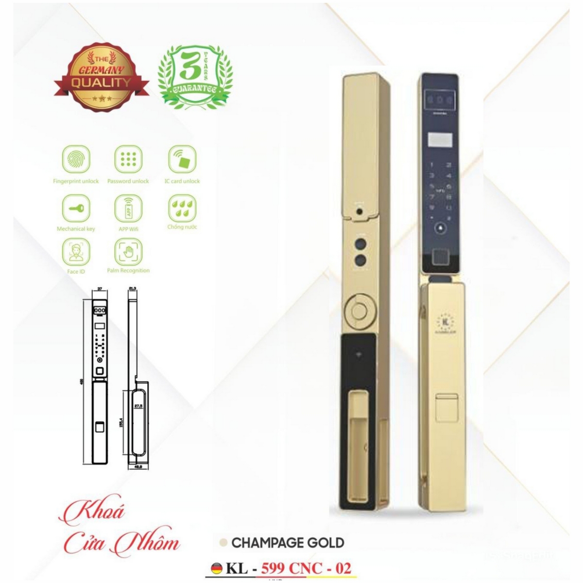 Khóa Điện Tử KASSLER – Mã SP: 599 CNC 02 (APP TUYA) CHAMPAGE GOLD